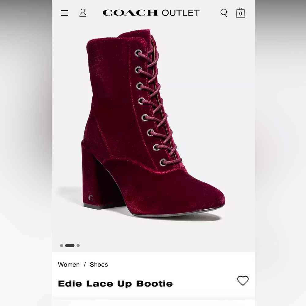 Coach Edie Velvet lace up booties. Size 9.5. New never worn. Burgundy velvet.